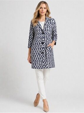 Trina Turk Blue White Geometric Jacket Size S 3/4 Sleeve Peacoat Chic Statement